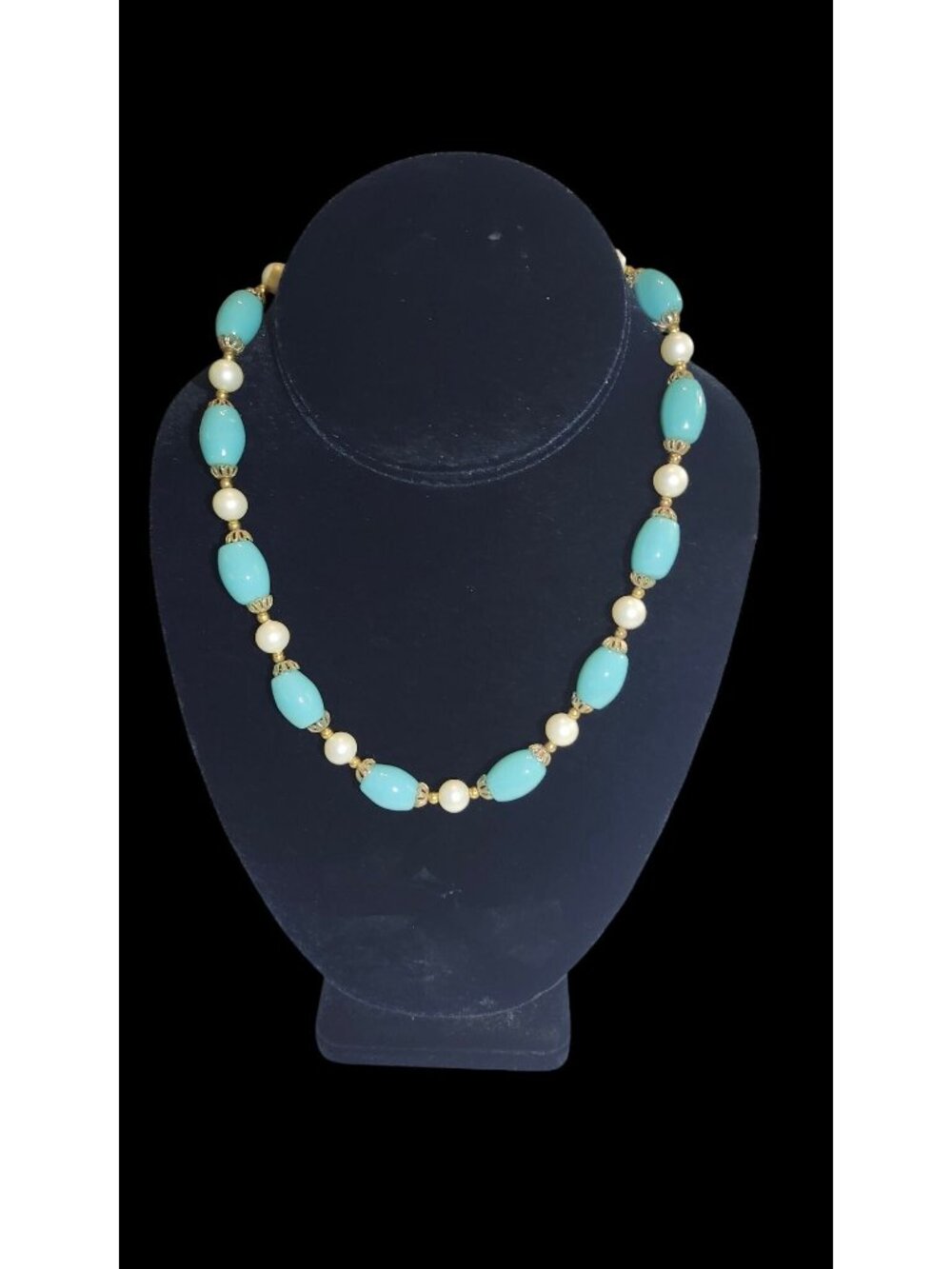 Vintage Trifari Necklace Blue & White Beads Silver Tone Filigree Classic Femini - Picture 2 of 6